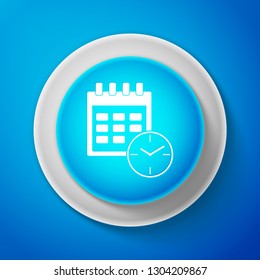Calendar and clock icon isolated on blue background. Schedule, appointment, organizer, timesheet, time management, important date. Date and time sign. Circle blue button. Vector illustration
