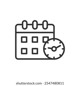 Calendar with clock, icon in line design. Calendar, clock, schedule, time, planning, reminder, date on white background vector. Calendar with clock editable stroke icon