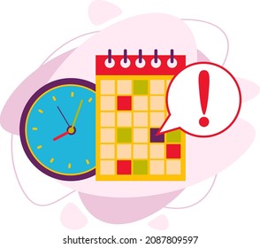 Calendar and clock icon. Notification of the deadline of the calendar date. Meeting, schedule. Vector illustration in a flat style.