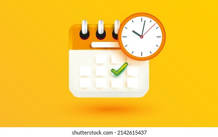 calendar and clock icon. Schedule, appointment, important date or time management concept 3d vector illustration style