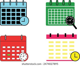  Calendar and clock icon , Schedule, appointment, organizer, timesheet, time management, important date. Vector calendar and clock icon. Meeting Deadlines, modern flat.