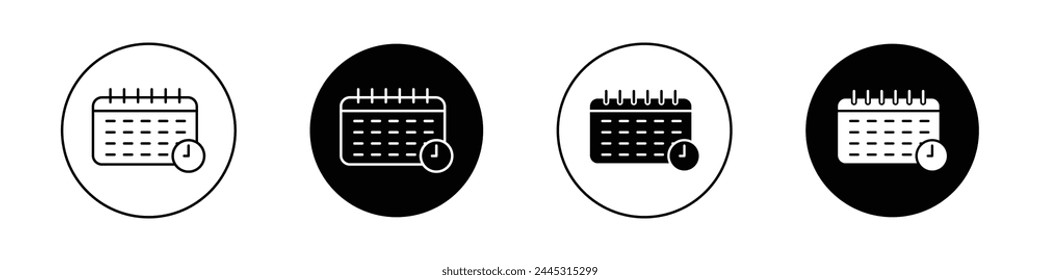 Calendar clock icon set. appointment date reminder calendar vector symbol. event schedule sign. agenda deadline concept. business plan organiser. scheduling icon. meeting time symbol.