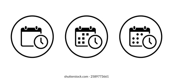 Calendar with clock icon set on circle line. Date, event planner sign symbol