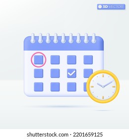 Símbolo de icono de calendario y reloj. Concepto de planificación de eventos, negocio de recordatorios o planificación de eventos. Diseño de ilustración aislada vectorial 3D. Dibujo en tonos pastel Estilo minimalista. Se puede usar para diseño ux, ui, anuncio de impresión.