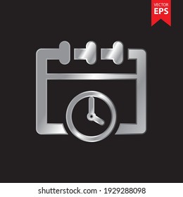 Icono de calendario y reloj en estilo plateado moderno aislado en fondo negro. Símbolo de negocio y oficinas para el diseño de su sitio web, logotipo, aplicación, interfaz de usuario. Ilustración vectorial Eps10.