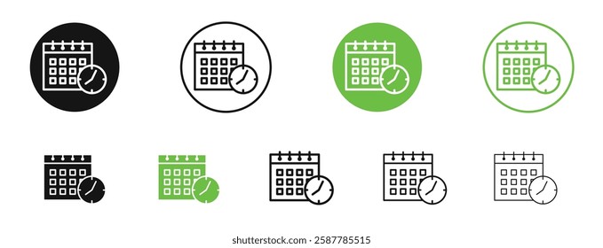 Calendar clock icons in black and green colors collection