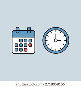 Calendário, ícones do relógio. Ícone de hora, data e endereço definido.