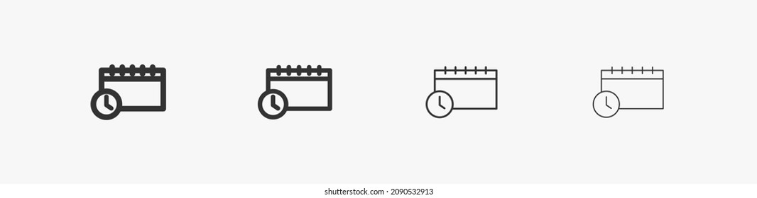Calendario con conjunto de iconos aislados del reloj. Calendario con un pequeño reloj para el servicio y la compra planificada. Símbolo planificado de reunión y cita. Ilustración del vector
