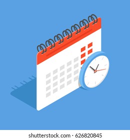 Calendar and clock in isometric. The concept of planning cases, important events and dates. Flat vector illustration.