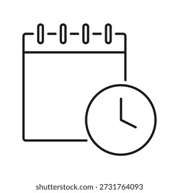 Calendario con icono de línea de reloj. Símbolo de Esquema de Gestión de Horarios, Planificación de Tiempo y Organización de Eventos. Eficiente Control de Tiempo y Cita. Trazo Editable. Ilustración vectorial aislada.