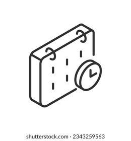 Calendar with clock, linear icon. Line with editable stroke isometric style