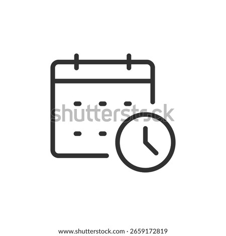 Calendar and clock, linear icon. Scheduling, deadlines, and time planning. Line with editable stroke.