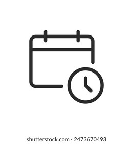 Kalender mit Uhr, Symbol im linearen Stil. Kalender mit Uhr, geplanter Uhrzeit oder Termin. Bearbeitbare Strichbreite.
