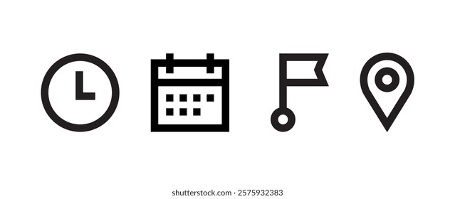 Calendar, clock, location icon set. Time, date and address. Calendar, clock, location.  Linear vector outline illustration. Vector illustration.