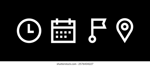 Calendar, clock, location icon set. Time, date and address. Calendar, clock, location.  Linear vector outline illustration. Vector illustration.