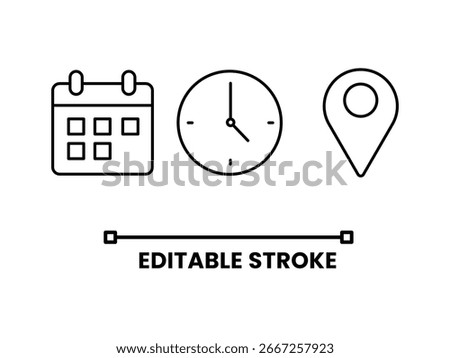 Calendar, clock, location line icon vector isolated on white background. 