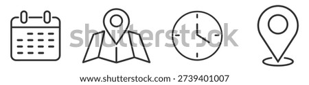 Calendar clock map and location pin icon set vector for time and navigation on transparent background
