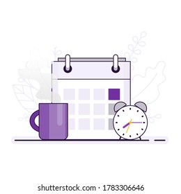Calendar, clock, mug for planning the magic of the morning, time management in a simple flat style in gray, purple colors