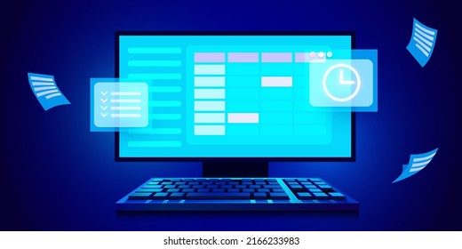 Calendar and clock on computer screen. Schedule concepts. Modern futuristic design graphic elements. Vector illustration