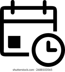 Un calendario con un reloj. El calendario es una forma cuadrada simple con un cuadrado Pequeño en la esquina inferior izquierda. El reloj es un círculo con dos agujas que apuntan a un tiempo.