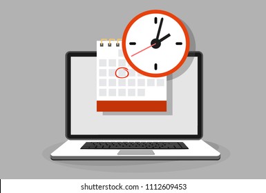 Calendar and clock on laptop screen. Schedule concepts. Modern flat design graphic elements. Vector illustration
