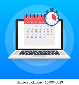 Calendar and clock on laptop screen. Schedule concepts. Modern flat design graphic elements. Vector stock illustration.