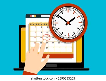 Calendar and clock on laptop screen. Schedule concepts. Modern flat design graphic elements. Vector illustration 