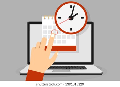 Calendar and clock on laptop screen. Schedule concepts. Modern flat design graphic elements. Vector illustration 