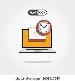 Calendar and clock on laptop screen. Schedule concepts. Modern flat design graphic elements. Vector illustration
