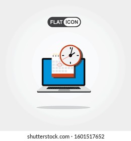 Calendar and clock on laptop screen. Schedule concepts. Modern flat design graphic elements. Vector illustration