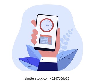 Kalender und Uhr auf Telefon-Bildschirm flach Vektorgrafik. Person, die mobile Anwendungen für die Zeitverwaltung verwendet. Zeitplan, Termin, Agenda-Konzept für Banner, Website-Design oder Landing-Website