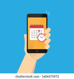 Calendar and clock on a smartphone screen. Hand holds smartphone. Concept of planning, application schedule, schedule, appointment, reminder application concepts. Stock vector illustration.10 eps.