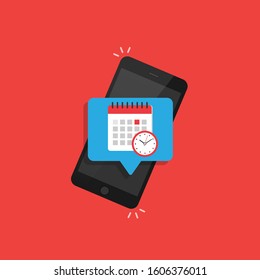 Calendar and clock on smartphone screen. Concept of planning, application schedule, schedule, appointment, reminder application concepts. Stock vector illustration.10 eps.