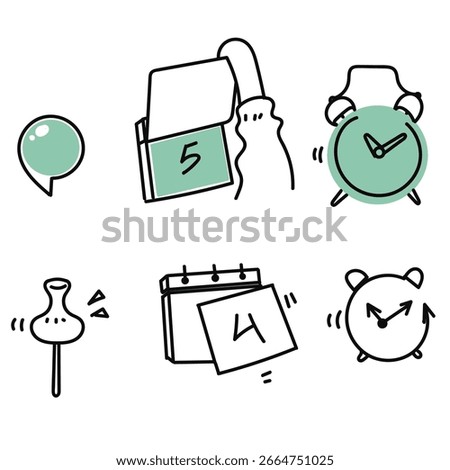 calendar clock pin location icon set collection in doodle hand drawing style