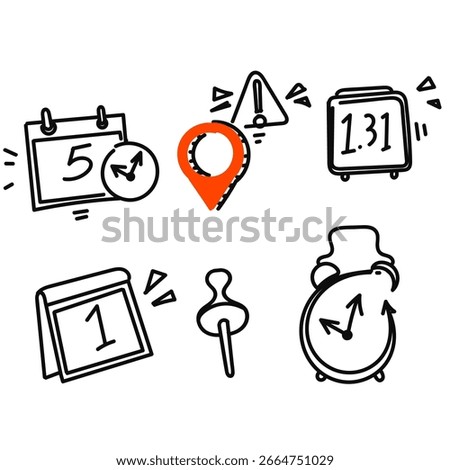 calendar clock pin location icon set collection in doodle hand drawing style