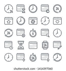 Calendar And Clock Related Line Icon Set. Time And Date Linear Icons. Countdown And Timer Outline Vector Sign Collection.