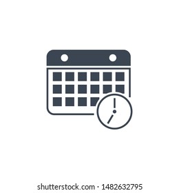Calendar with Clock related vector glyph icon. Isolated on white background. Vector illustration.