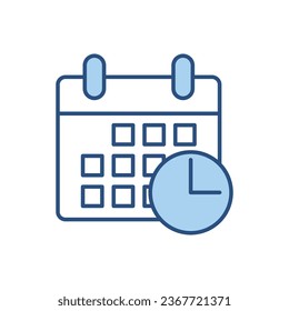 Kalender mit Clock-bezogenem Vektorsymbol. Einzeln auf weißem Hintergrund. Vektorgrafik