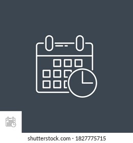Calendario con el icono de la línea del vector relacionado con el reloj. Aislado en fondo negro. Stroke editable.