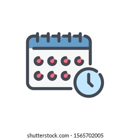 Calendario con icono de línea de color de recordatorio de reloj. Horario con signo colorido de contorno de Vector de tiempo.