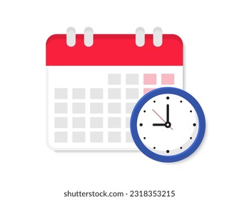 Calendar with clock. Schedule icon. Deadline calendar date. Reminder icon. Planning concept. Vector illustration.