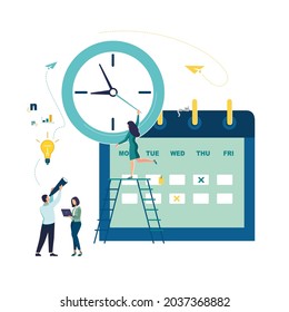 Calendar, clock with scheduler, people build business in calendar. Teamwork, business promotion, monthly plan, vacancies, ideas. Characters of little people. Vector illustration, green flat design