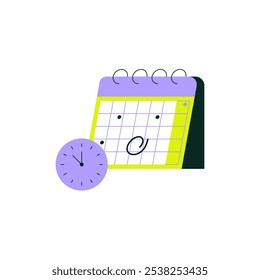 Calendario Con El Reloj Que Simboliza La Gestión Y La Programación Del Tiempo, Ilustración vectorial Plana, Aislado En El Fondo Blanco