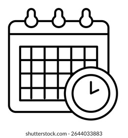 Calendar and clock thin line icon, remote work concept. Vector graphics. Appointment, task schedule sign on white background, style mobile or design
