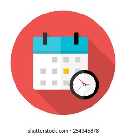 Calendar and clock Time circle icon. Flat stylized circle icon with long shadow