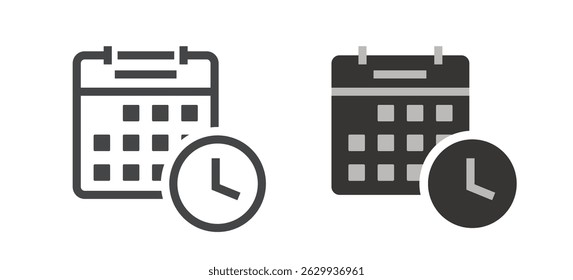 Calendar with clock time icon line stroke vector simple graphic illustration set, agenda schedule event date sign symbol pictogram linear thin outline task image, recurring repeated appointment