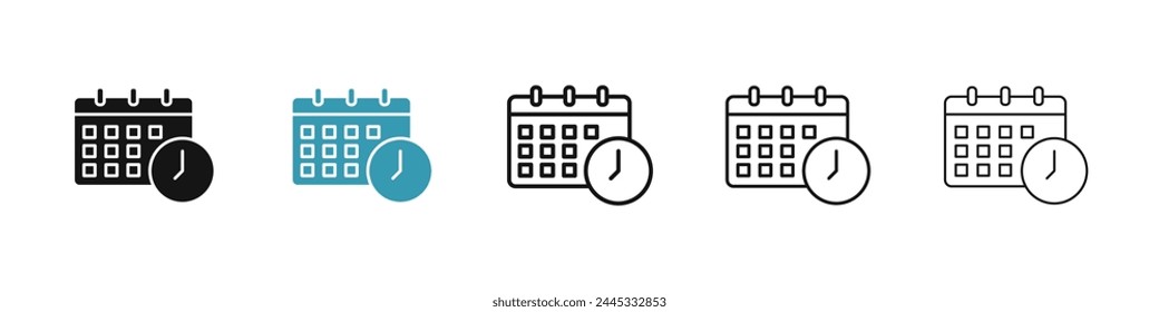 Conjunto de iconos del Vector del reloj del calendario. Icono de línea de recordatorio de fecha de cita. Icono de programación de eventos para diseños de IU.