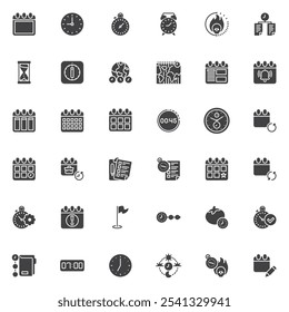 Calendar and clock vector icons set, modern solid symbol collection, filled style pictogram pack. Signs, logo illustration. Set includes icons as calendar planner, stopwatch, deadline clock, hourglass