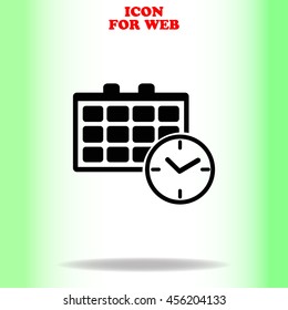 Calendar and clock web icon. Black illustration on white background