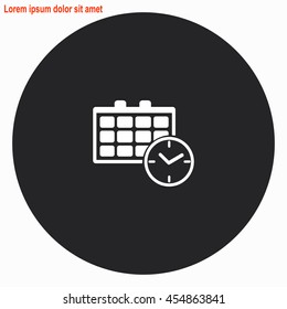 Calendar and clock web icon. Gray circle button with white illustration.